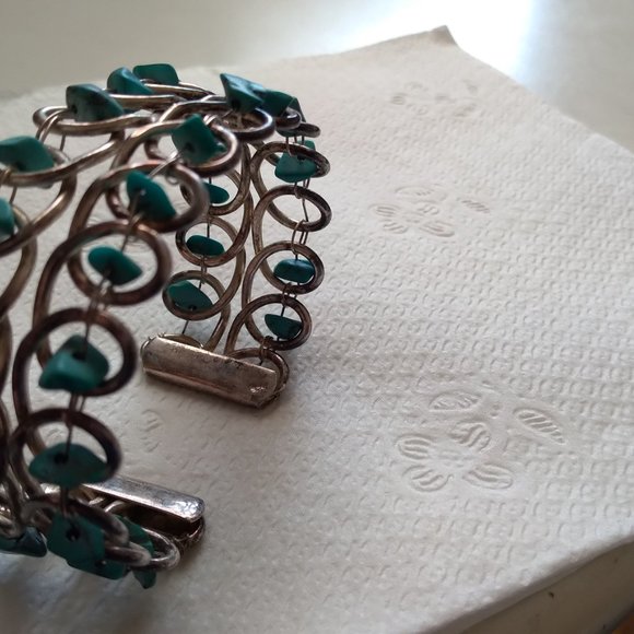 Vintage Silver wire looped turquoise sterling silver 925 bangle bracelet - Picture 7 of 8